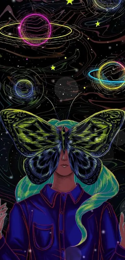 Cosmic butterfly with planets wallpaper art.