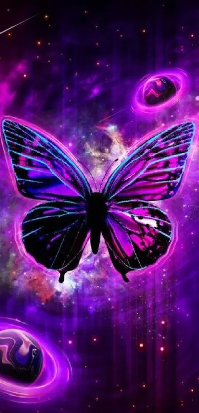 Vibrant purple butterfly with cosmic background featuring galaxies and stars.