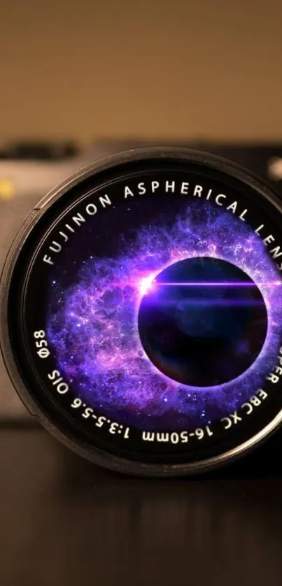 Camera lens with a cosmic space scene inside, featuring purple hues.