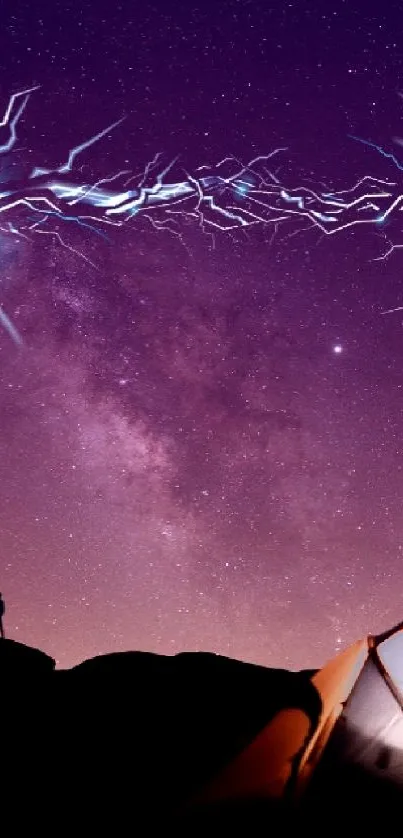 A glowing tent under a starry purple sky with cosmic lightning.