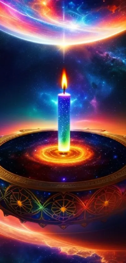 Colorful cosmic candle with vibrant galaxy backdrop and intricate patterns.