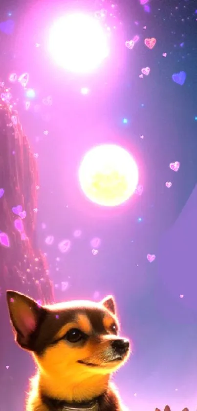 Animated dog under two suns in a purple and pink cosmic scene.