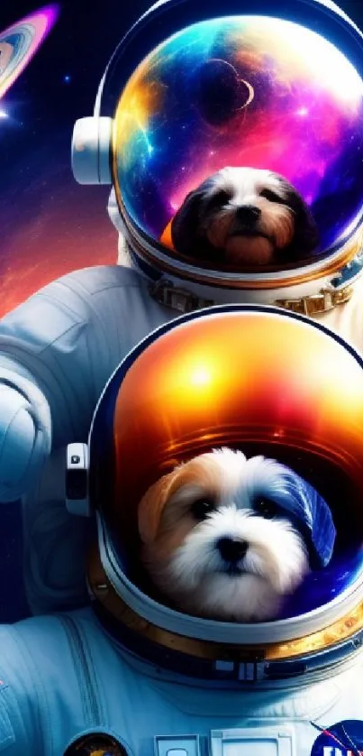 Adorable dogs in space suits exploring the galaxy with vibrant cosmic colors.