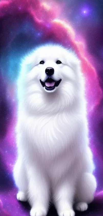 White dog sits in front of a colorful cosmic nebula background.