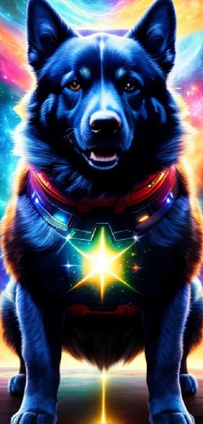 Majestic dog in a colorful cosmic nebula wallpaper for mobile.