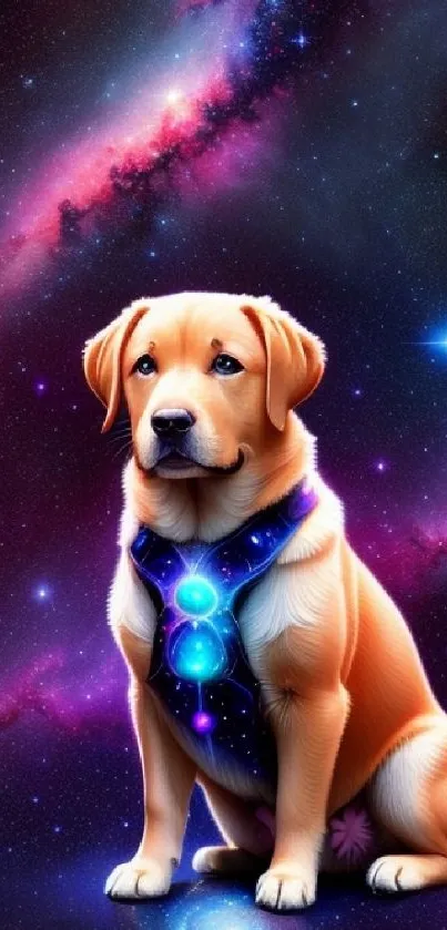 Cute dog against a vibrant galaxy backdrop, perfect for phones.