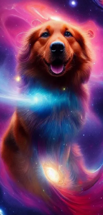 Cosmic-themed dog in a vibrant galaxy setting with swirling colors.