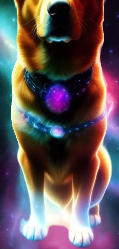 Colorful cosmic dog with galaxy background.