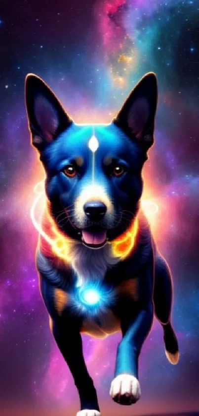 Cosmic dog running in a vibrant galaxy setting filled with stars and nebulae.