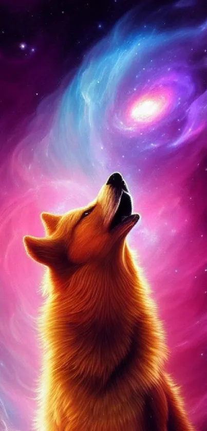 A majestic dog howls in a vibrant galaxy with shades of purple and blue.