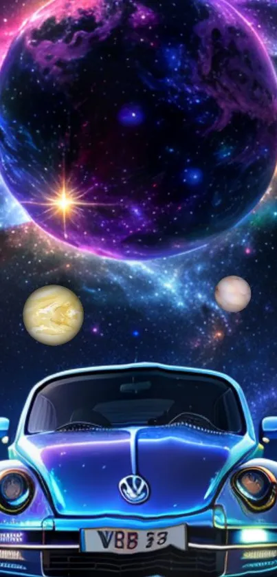 Vibrant car beneath a cosmic galaxy with planets and stars in the night sky.