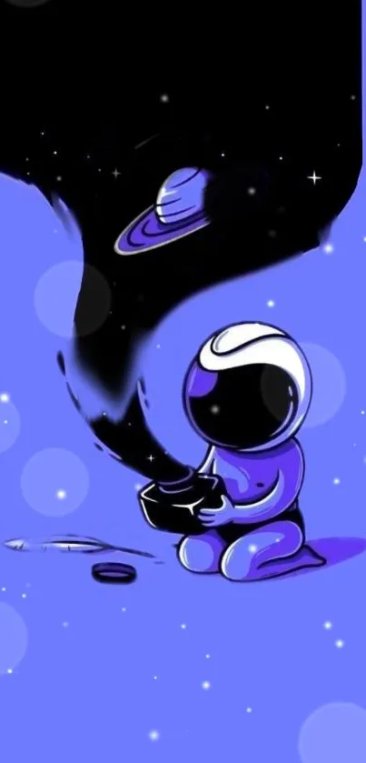 Cartoon astronaut exploring space with planets and stars.