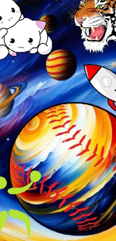 Colorful cosmic fantasy wallpaper with animals, planets, and a rocket.