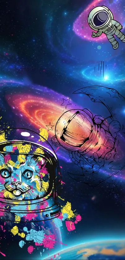 Vibrant cosmic wallpaper with astronaut cat in galaxy.