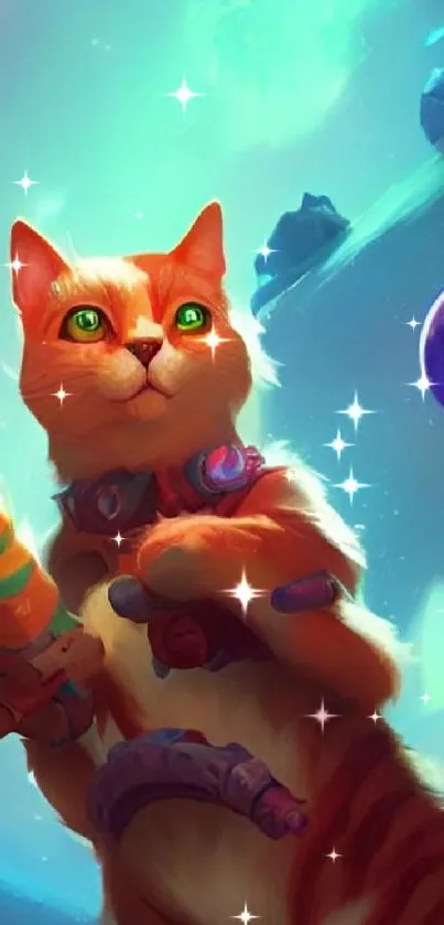 Vibrant cosmic scene with a playful cat.