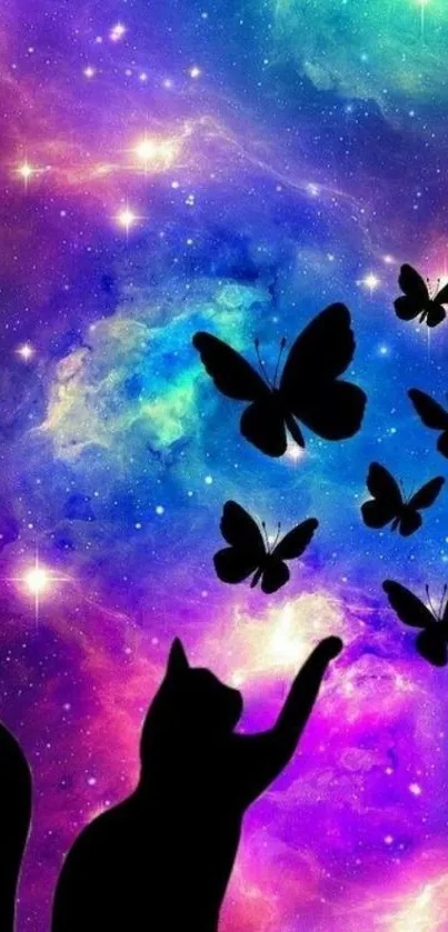 Silhouetted cat with butterflies in a colorful galaxy background.