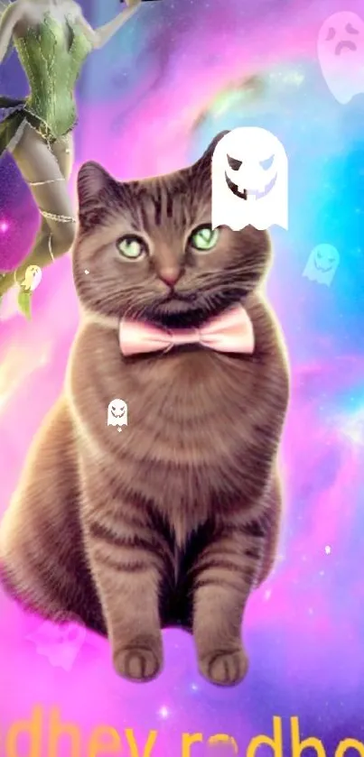 Cat in space with ghosts and fairy on galaxy wallpaper.