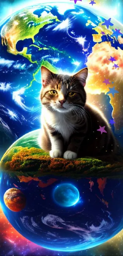 Colorful cosmic wallpaper with cat on planets.