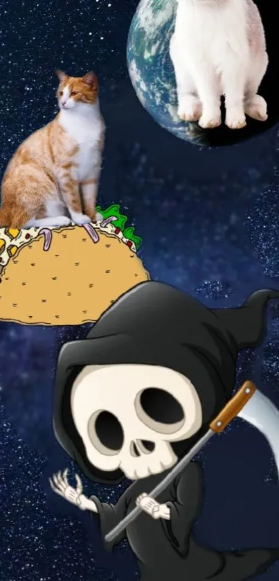 Cosmic scene with cat, taco, skeleton, and Earth on starry background.