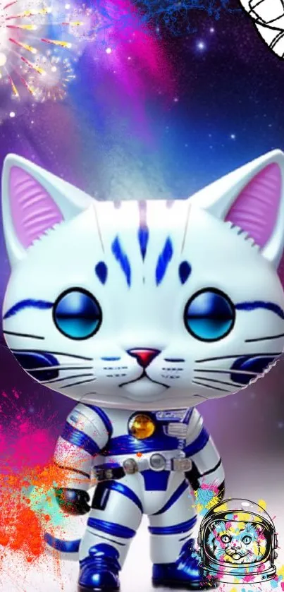 Vibrant wallpaper of cosmic cat astronaut with galaxies and fireworks.