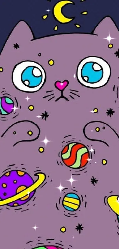 Purple cartoon cat with colorful planets on a dark blue background.