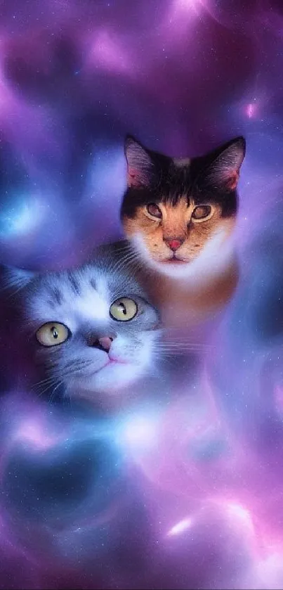 Purple cosmic wallpaper with two cats in a nebula-like setting.