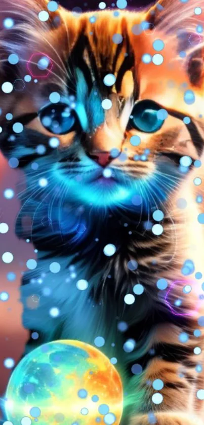 A cosmic fantasy cat with vibrant colors and ethereal orbs in a mobile wallpaper design.