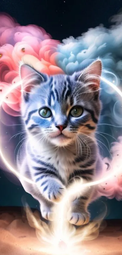 Cute kitten surrounded by colorful cosmic clouds.