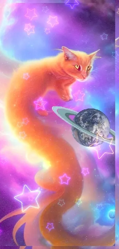 Mystical orange cat with flowing tail in a cosmic galaxy scene.