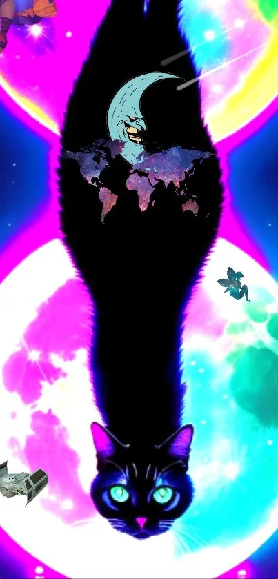 Vivid cosmic cat with colorful moons and celestial elements.