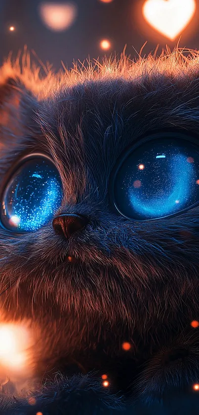 A fantasy cat with glowing blue eyes in a cosmic setting.