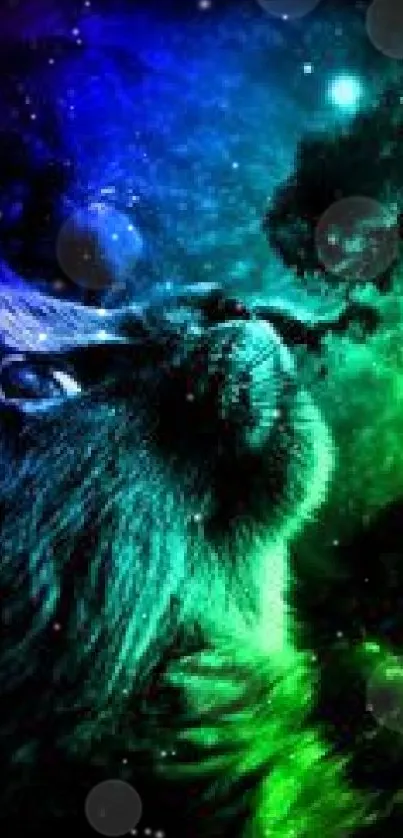 Vibrant neon cosmic cat wallpaper with fantasy galaxy art.