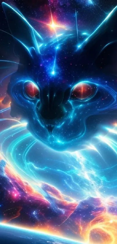 Fantasy cosmic cat with vibrant blue and orange space elements.