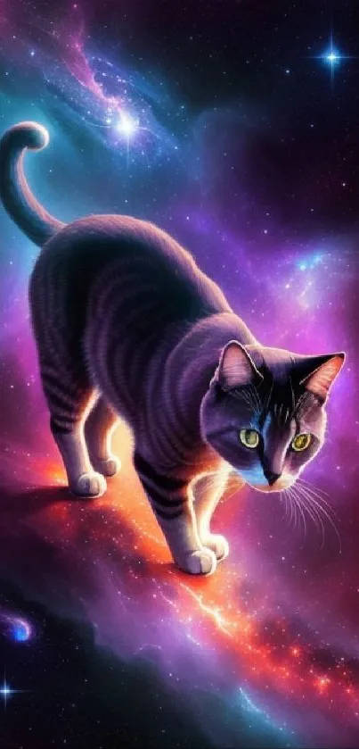 Cat gracefully walking on a colorful galaxy background.