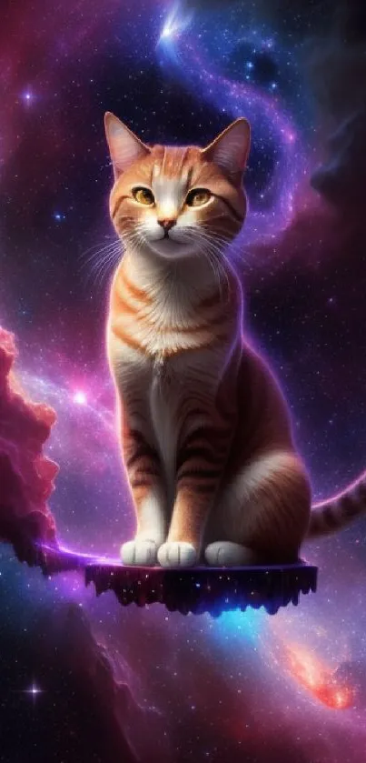 A cat sitting in a colorful cosmic nebula under a starry sky.