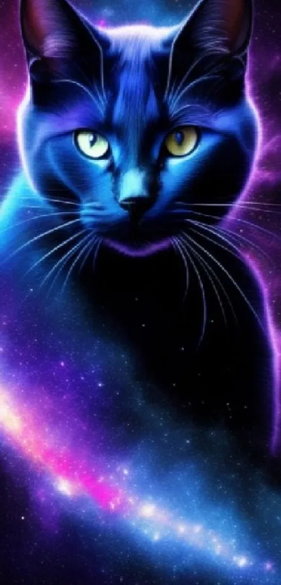 Cosmic cat in vibrant galaxy setting with purple hues and stars.