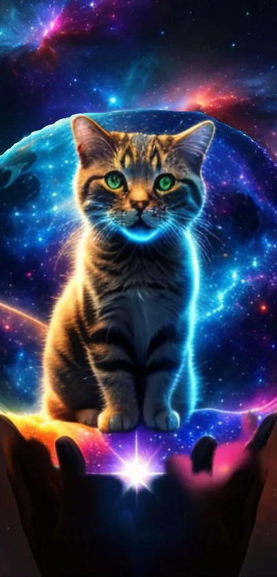 A cat inside a vibrant galaxy sphere, glowing with cosmic colors in a digital artwork.