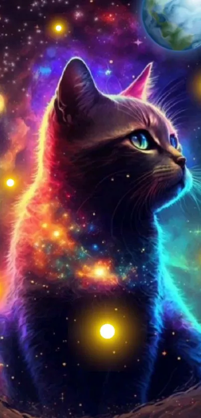 Cat with celestial galaxy backdrop on mobile wallpaper.