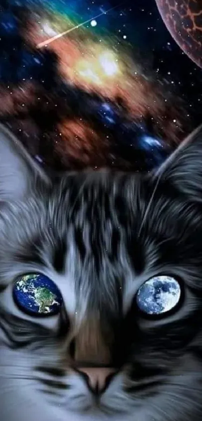 Cosmic cat with galaxy background and planets in eyes.