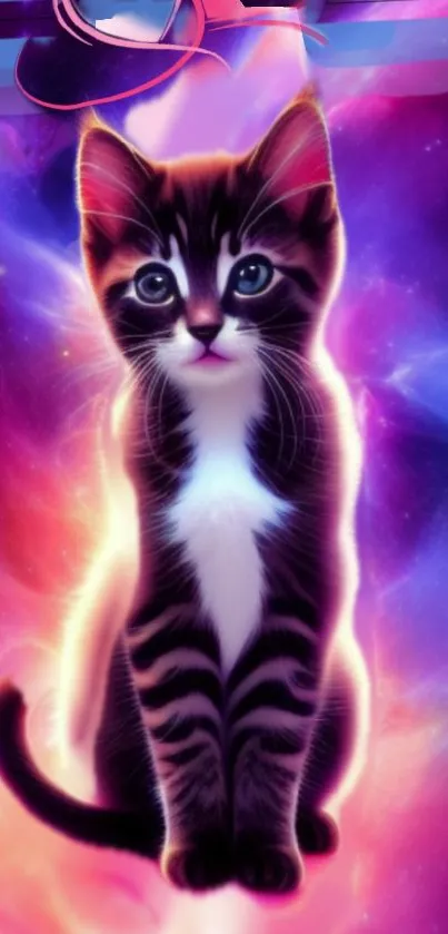 Adorable cat with galaxy background in vibrant cosmic colors.