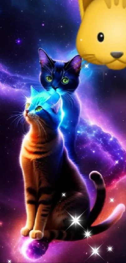 Vibrant cosmic wallpaper featuring two cats against a galaxy backdrop.