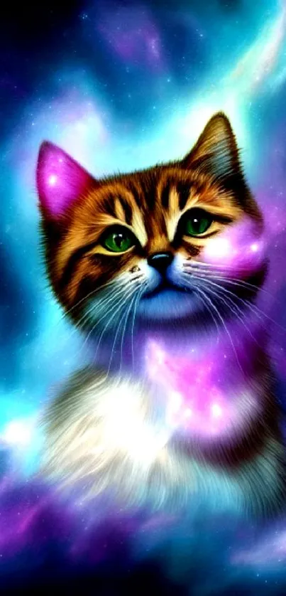 Feline in a colorful galaxy background, featuring cosmic and vibrant hues.