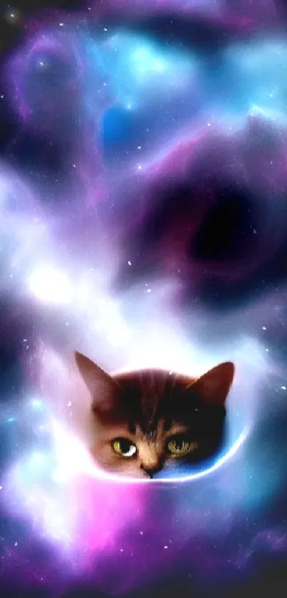 A whimsical cat surrounded by vibrant cosmic colors in a space-themed mobile wallpaper.