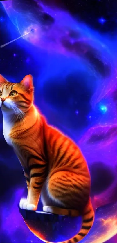 Illustration of a cat in a colorful cosmic nebula for a mobile wallpaper.