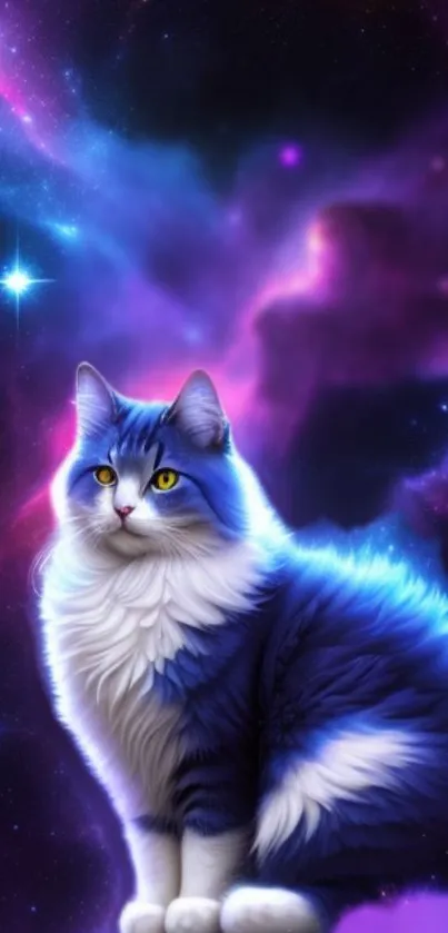 Blue and white cat against a purple cosmic background.