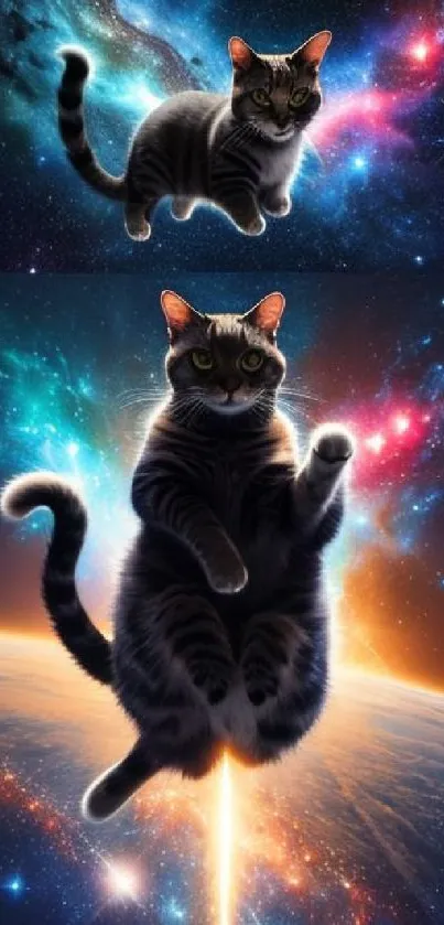 A cat floating in a cosmic space setting with vibrant galaxies.