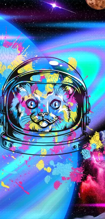 Playful cat in helmet with colorful galactic background.