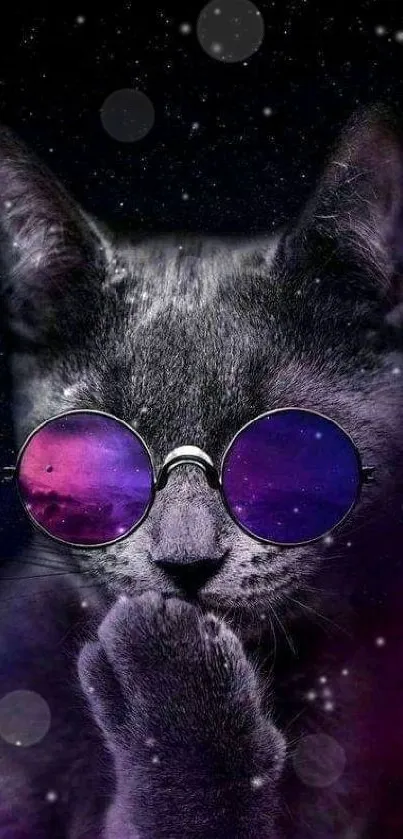 Cosmic cat wearing sunglasses with a galaxy background in purple hues.