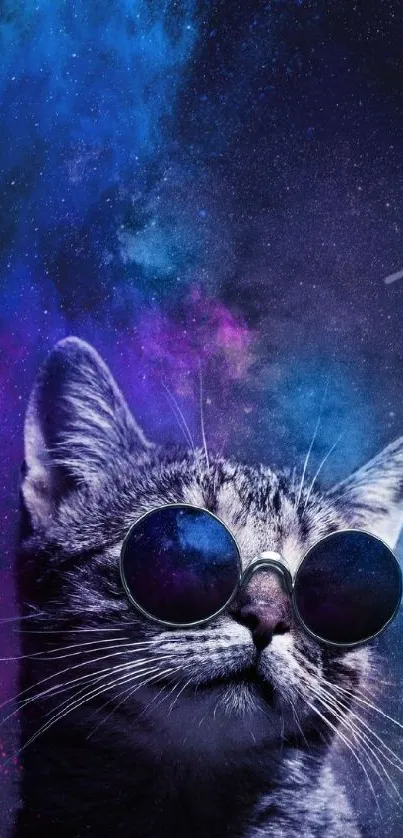 Cat with sunglasses in cosmic galaxy background.