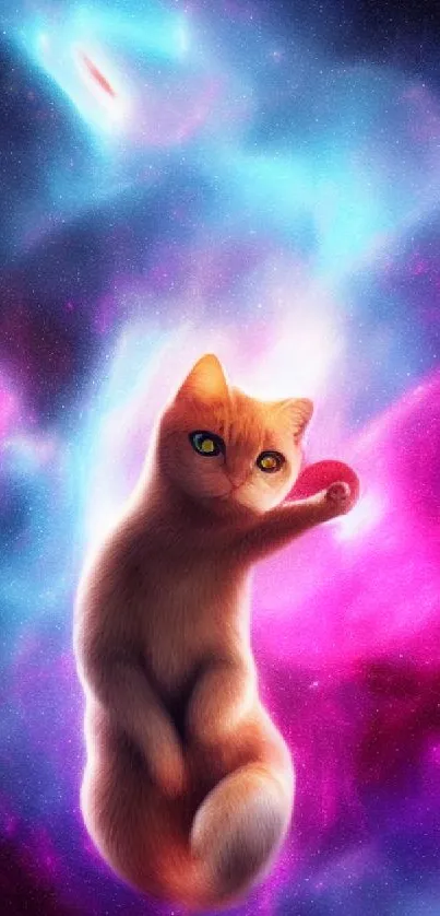 Cute cat floating in vibrant galaxy wallpaper.